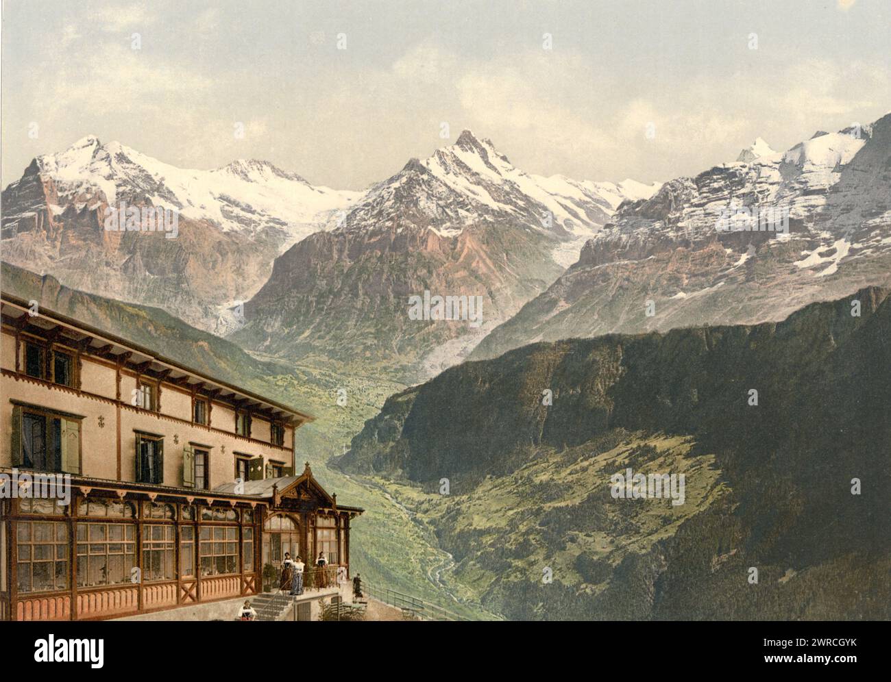 Schynige Platte, Wetterhorn e Schreckhorn, Oberland Bernese, Svizzera, tra ca. 1890 e ca. 1900., colore, 1890-1900 Foto Stock
