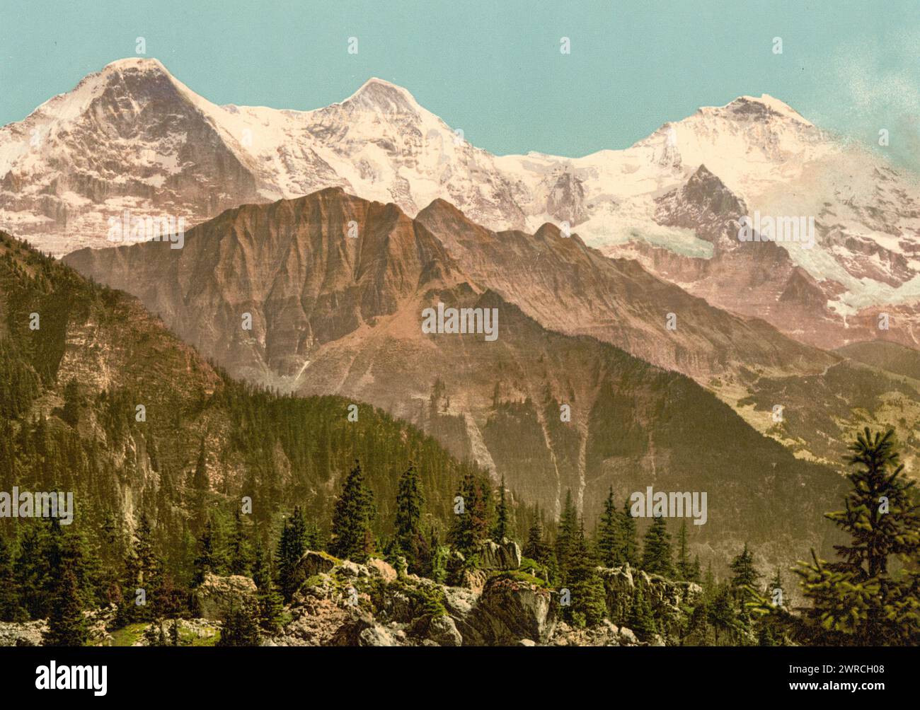 Schynige Platte, Eiger, Monch e Jungfrau, Oberland Bernese, Svizzera, tra circa 1890 e ca. 1900., colore, 1890-1900 Foto Stock