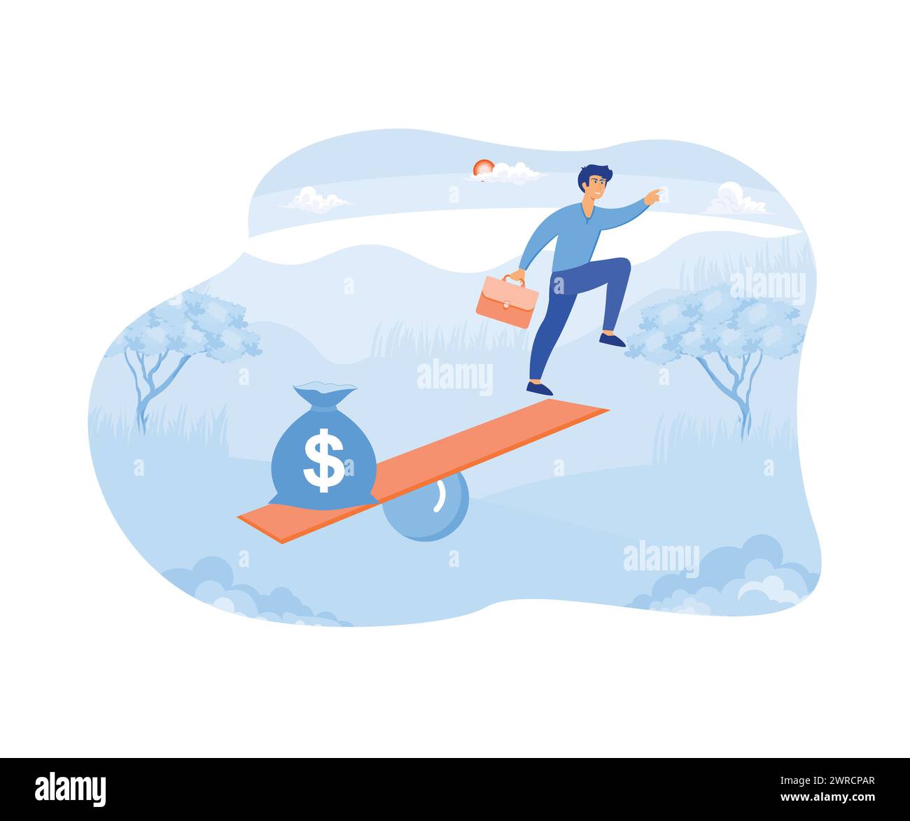 Concetto di avviamento di affari, un uomo d'affari volante e una borsa piena di soldi. illustrazione moderna vettoriale piatta Illustrazione Vettoriale