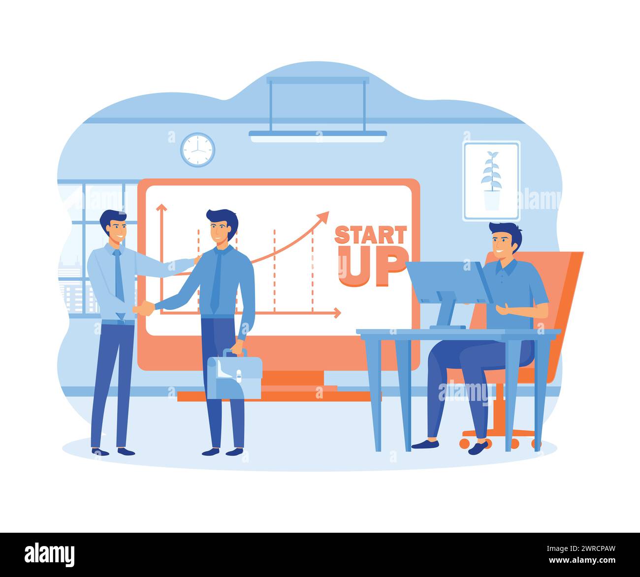 Banner piatto per i momenti di lavoro delle startup aziendali. Nuove idee, ricerca di investitori, aumento dei profitti. Uomo d'affari che firma un contratto. vettoriale piatto moderno Illustrazione Vettoriale