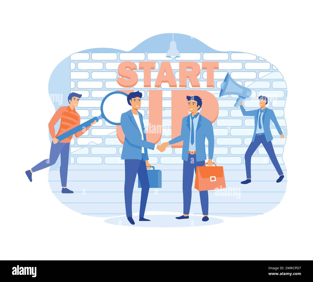 Momenti di lavoro per le startup aziendali. Cerca soldi, contratti, promozioni. Un uomo con una lente d'ingrandimento, due persone che stringono la mano, un uomo con una lente d'ingrandimento Illustrazione Vettoriale