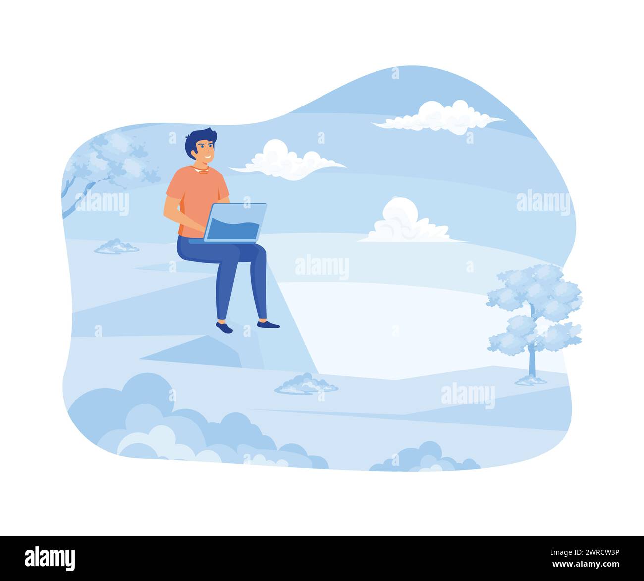 Concetto di lavoro da qualsiasi luogo. Persona maschile che utilizza un computer portatile in natura. illustrazione moderna vettoriale piatta Illustrazione Vettoriale