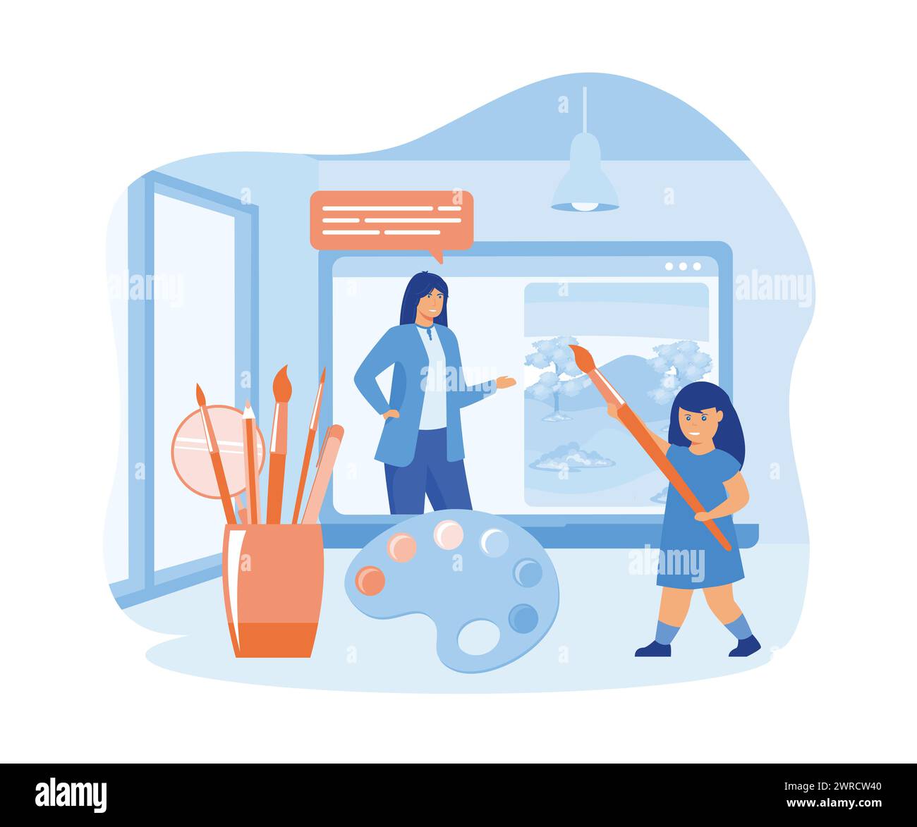 Corso d'arte online. Esercitazioni e corsi Web. Donna insegnante d'arte sullo schermo e ragazza studentessa in età prescolare con pennello. illustrazione moderna vettoriale piatta Illustrazione Vettoriale