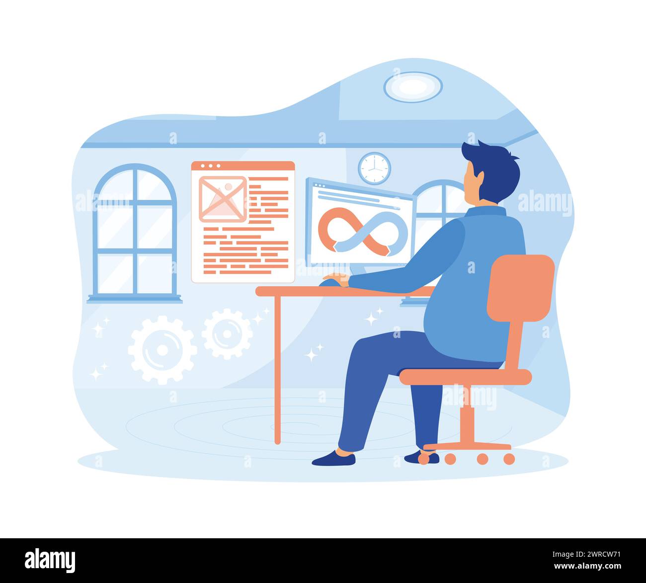 Programmatore. Lo sviluppatore crea software e codice di programmazione. illustrazione moderna vettoriale piatta Illustrazione Vettoriale