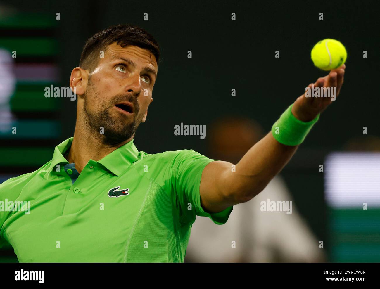 11 marzo 2024 Novak Djokovic di Serbia serve contro Luca Nardi dell'Italia durante il BNP Paribas Open a Indian Wells, CA. Charles Baus/CSM Foto Stock