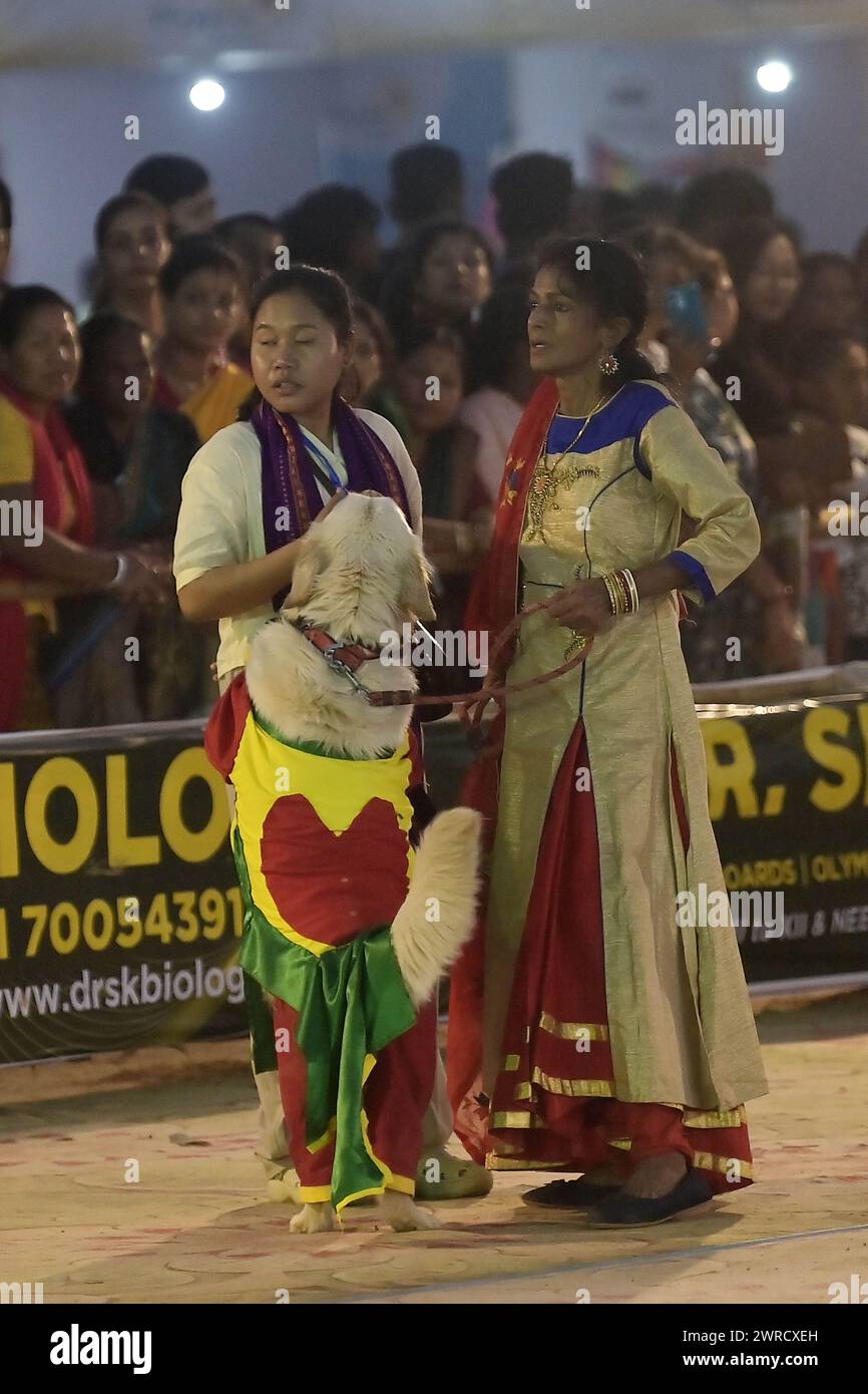 Cani che eseguono allenatori durante l'Agartala Dog Carnival-2024, organizzato dalla Tripura Veterinary Doctors Association & Pawsome (Un'organizzazione sociale) ad Agartala. Tripura, India. Foto Stock