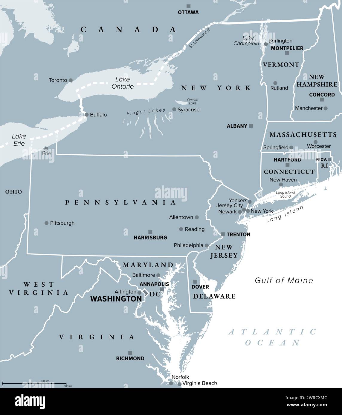 Regione medioatlantica degli Stati Uniti, mappa politica grigia. La sovrapposizione tra gli stati nord-orientali e sud-orientali. Foto Stock