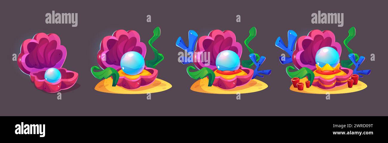 Set di conchiglie aperte con perle all'interno isolate sullo sfondo. Illustrazione vettoriale di conchiglie sul fondale sabbioso con alghe marine e corona dorata, tesoro subacqueo, elementi di design dell'acquario Illustrazione Vettoriale Set di conchiglie aperte con perle all'interno isolate sullo sfondo. Illustrazione vettoriale di conchiglie sul fondale sabbioso con alghe marine e corona dorata, tesoro subacqueo, elementi di design dell'acquario Illustrazione Vettoriale