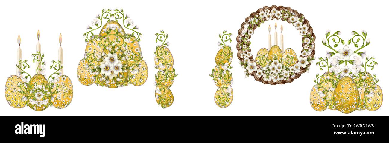 Uovo giallo pasquale con motivo floreale di primrose primaverili in fiore per la scogliera pasquale, biglietti, inviti, adesivi, scrapbooking, bordi, Foto Stock