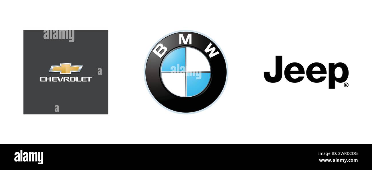 Jeep, Chevrolet, BMW. Collezione di logo del marchio vettoriale. Illustrazione Vettoriale