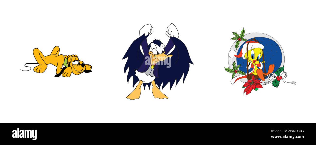 Pluto, Tweety, Donald Dracul Duck. Logo Arts e design vettoriale su sfondo isolato. Illustrazione Vettoriale