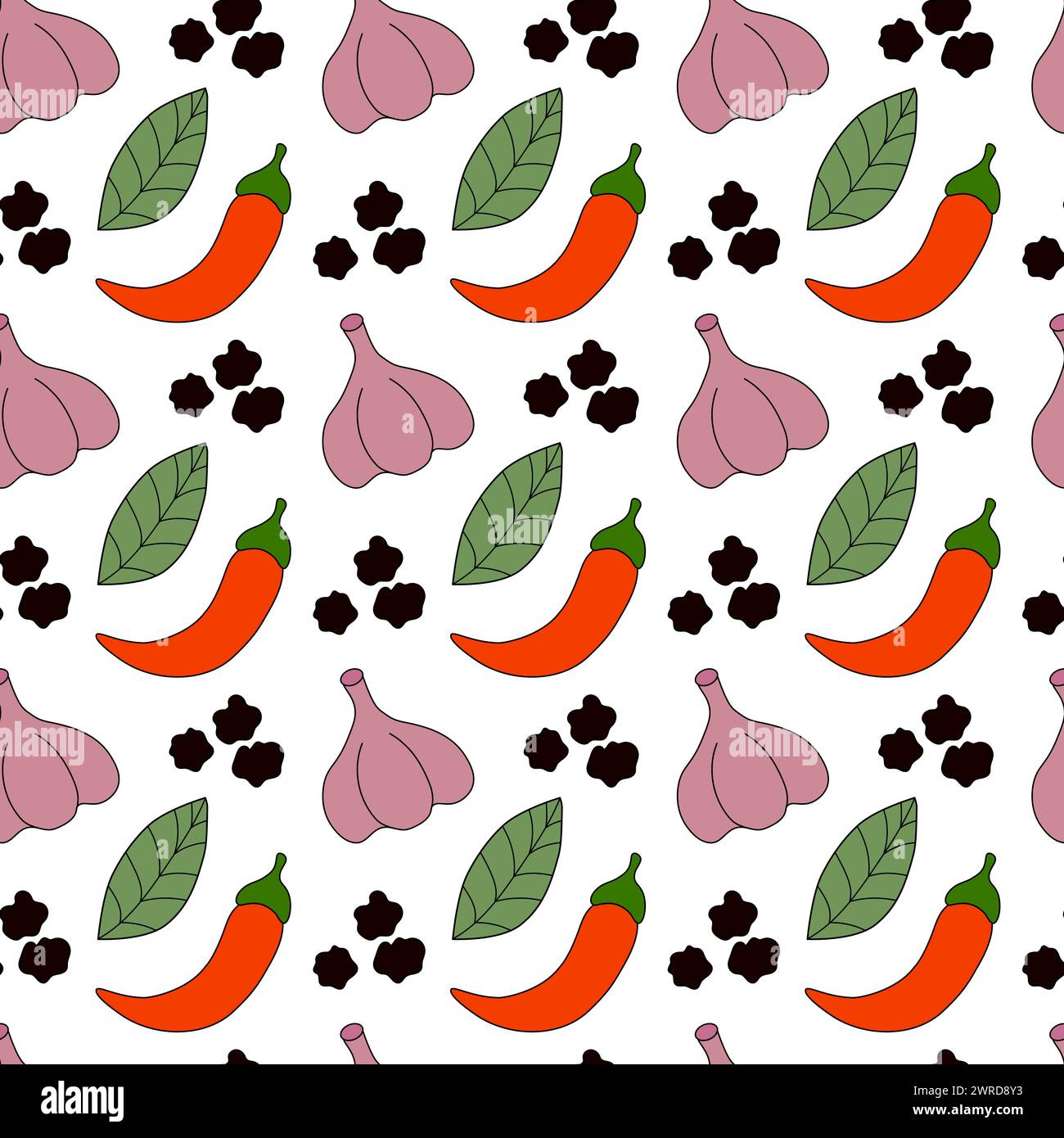 Motivo senza cuciture con peperoncino, alloro, pepe nero e aglio. Spezie, condimenti ed erbe aromatiche. Carta da parati da cucina. Illustrazione piatta vettoriale. Illustrazione Vettoriale