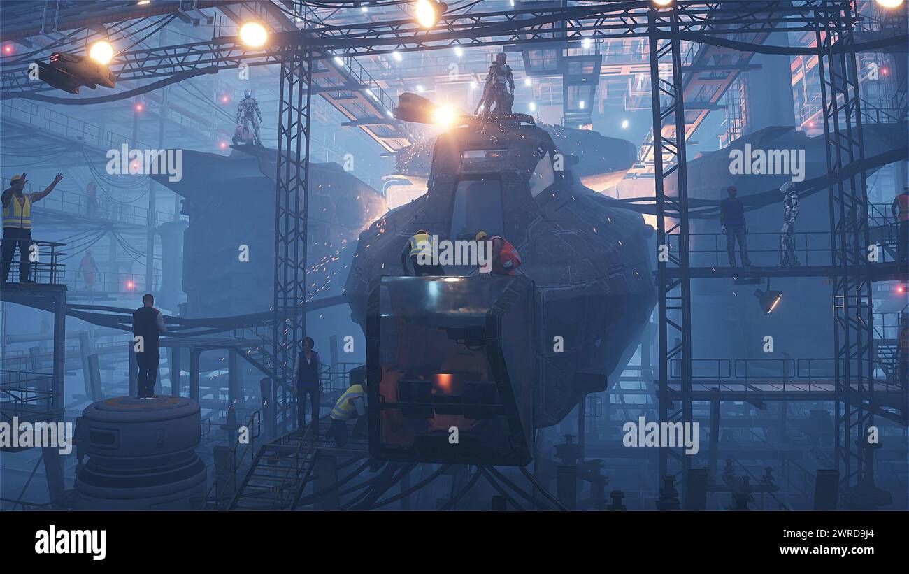 Produzione di navi militari futuristiche in fabbrica. Concetto futuro di persone e robot. rendering 3d. Foto Stock