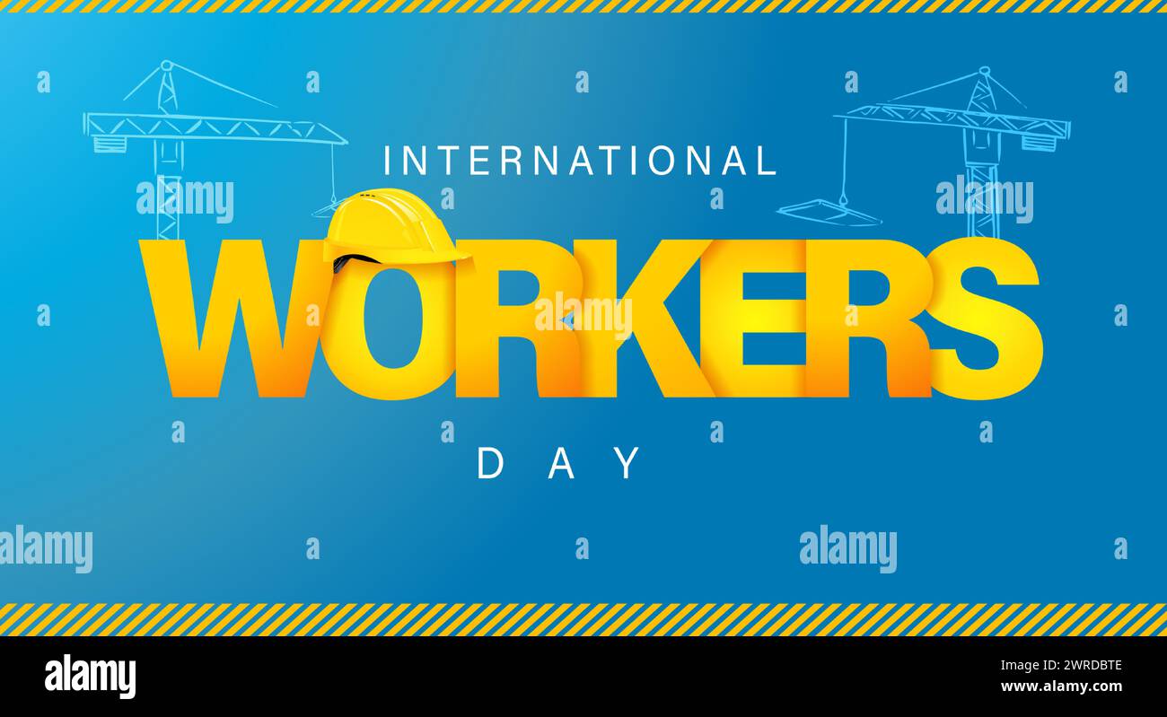 1 maggio, poster tipografico della giornata internazionale dei lavoratori. Concetto vettoriale per la giornata di lavoro con testo, casco giallo e gru da cantiere Illustrazione Vettoriale