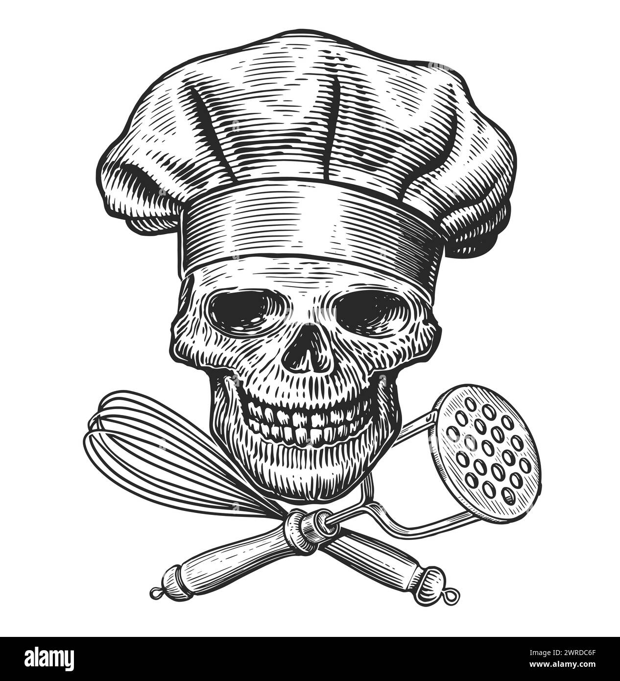 Illustrazione vettoriale scheletro. Grattugiare il teschio nel cappello dello chef con gli utensili da cucina incrociati Illustrazione Vettoriale