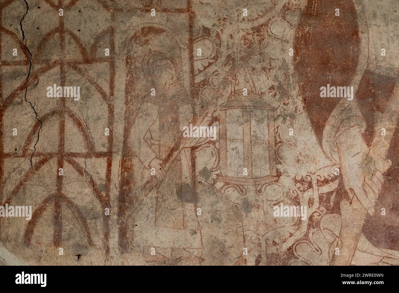 Dettagli di pittura murale medievale, St Peter's Church, Molesworth, Cambridgeshire, Inghilterra, Regno Unito Foto Stock