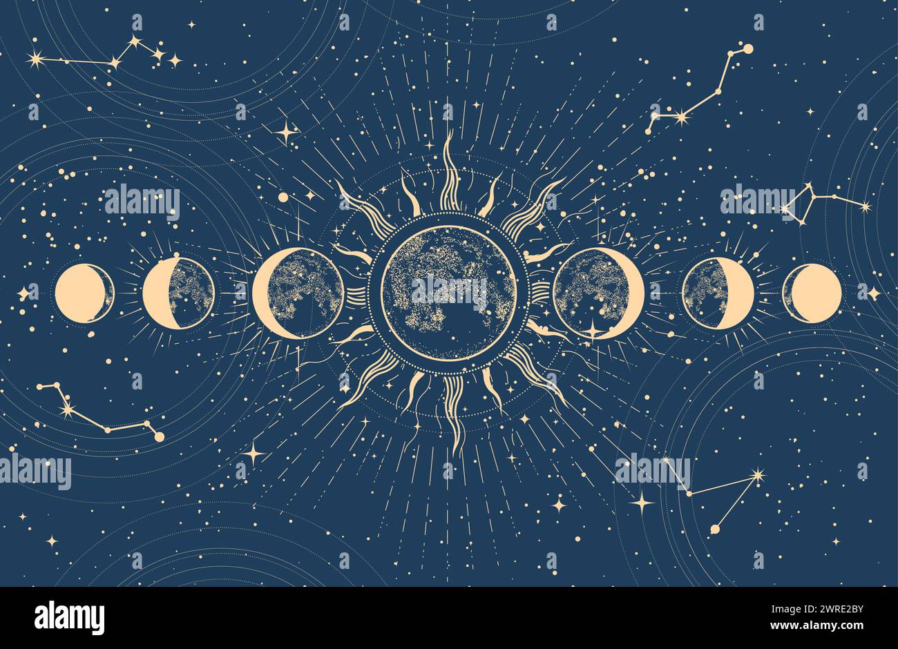 Fasi lunari ed eclissi lunari, luna mistica nello spazio, astrologia e sfondo oroscopo, oneiromanzia, vettore Illustrazione Vettoriale