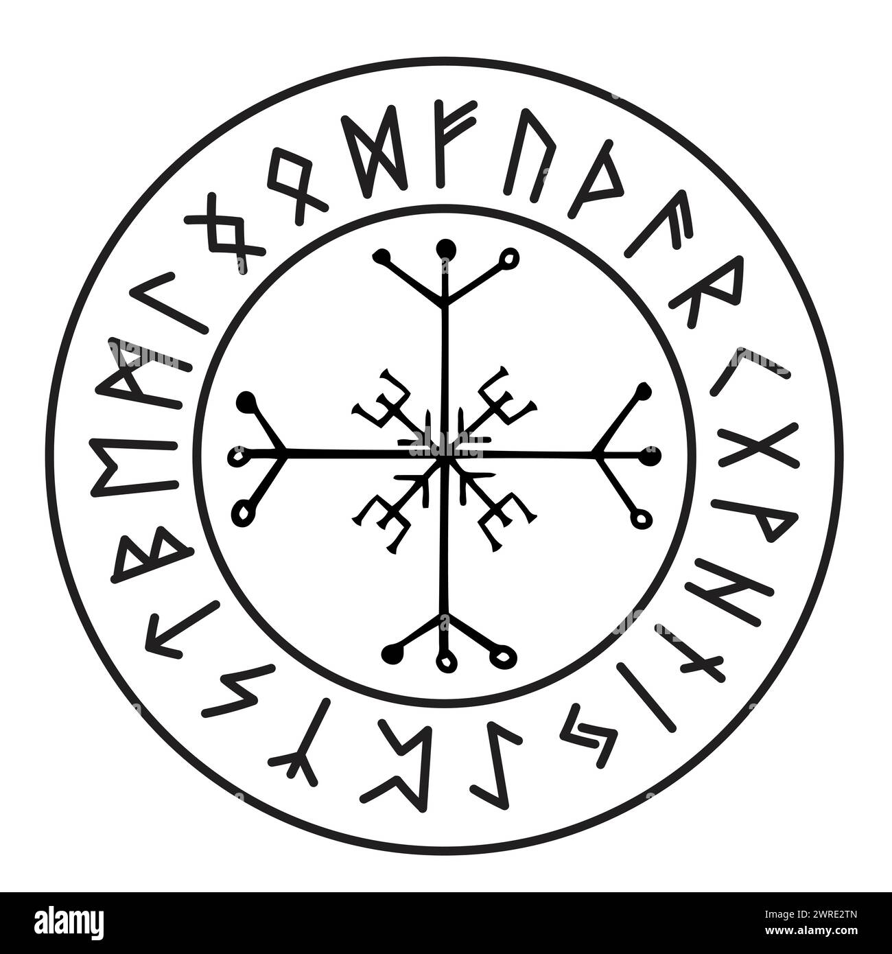 Cerchio rune talismano vichingo islandese celtico bussola di navigazione, cornice amuleto occulto, scrittura norrena tribale isolata su sfondo bianco. Illustrazione vettoriale Illustrazione Vettoriale