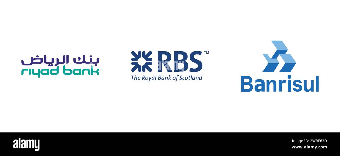 Riyad Bank, Banrisul, Royal Bank of Scotland. Collezione di logo del marchio vettoriale. Illustrazione Vettoriale