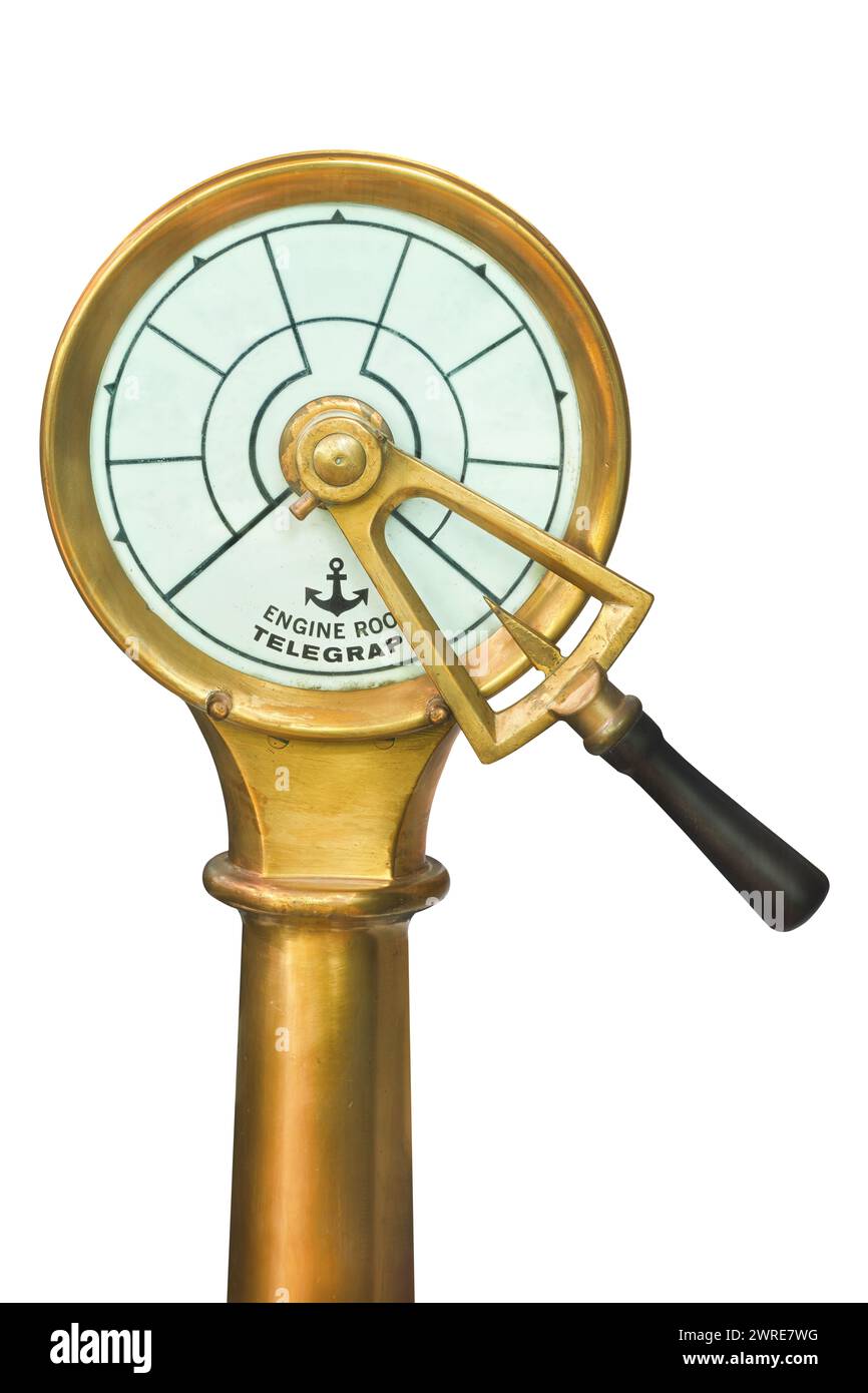 Telegraph vintage Engine Room con pannello bianco con spazio di copia isolato su sfondo bianco Foto Stock