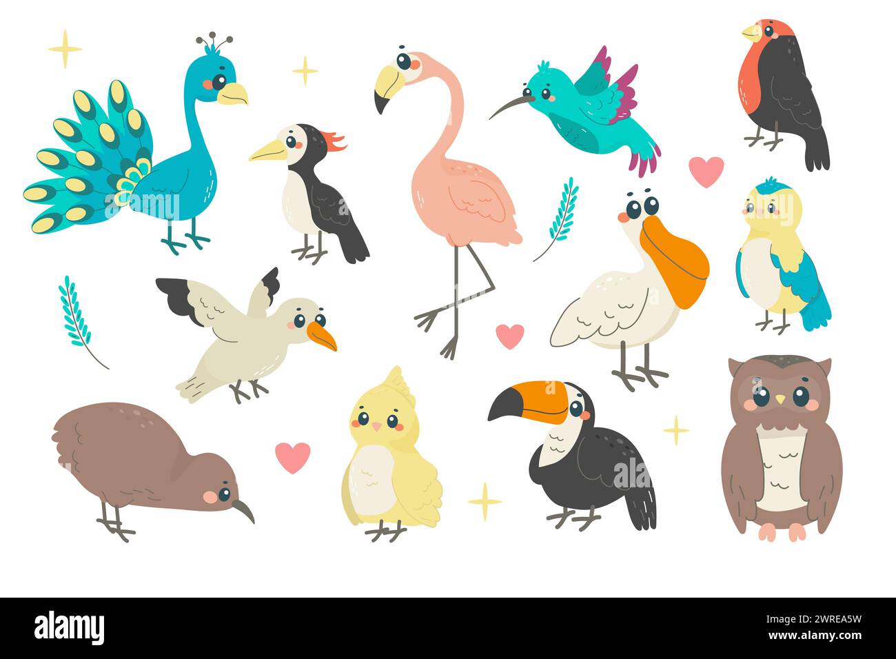 set di uccelli diversi, un'illustrazione infantile, con i nomi. primavera, uccelli esotici. Illustrazione Vettoriale