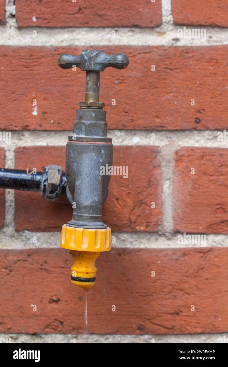 Immagine ravvicinata di un rubinetto da giardino in esecuzione montato su una parete di mattoni Foto Stock