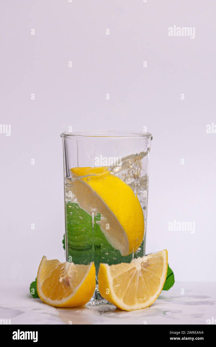 Limonata ghiacciata di agrumi in caraffa e bicchieri con decorazione a fette di limone e foglie di menta e su tavolo in marmo su sfondo naturale. Drink estivo fresco Foto Stock