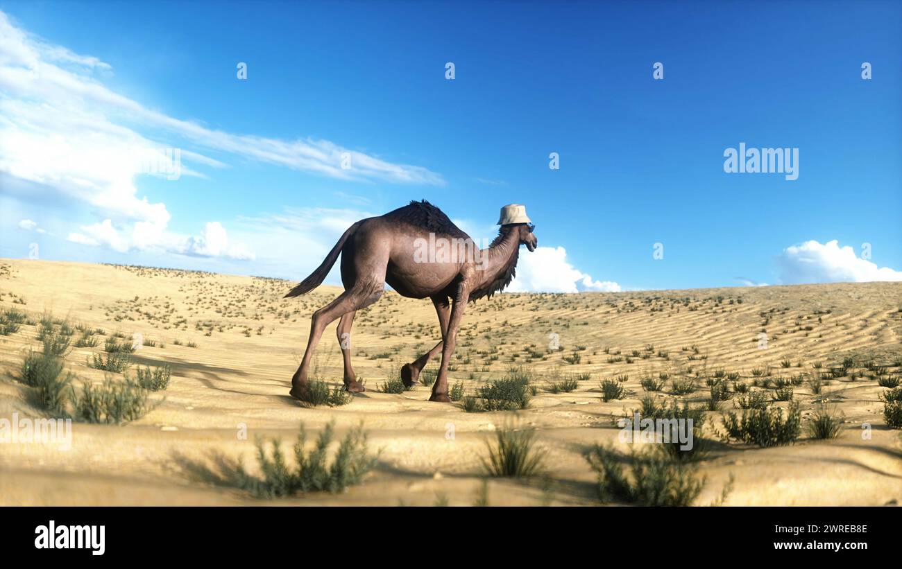 Divertente cammello che cammina nel deserto. rendering 3d. Foto Stock