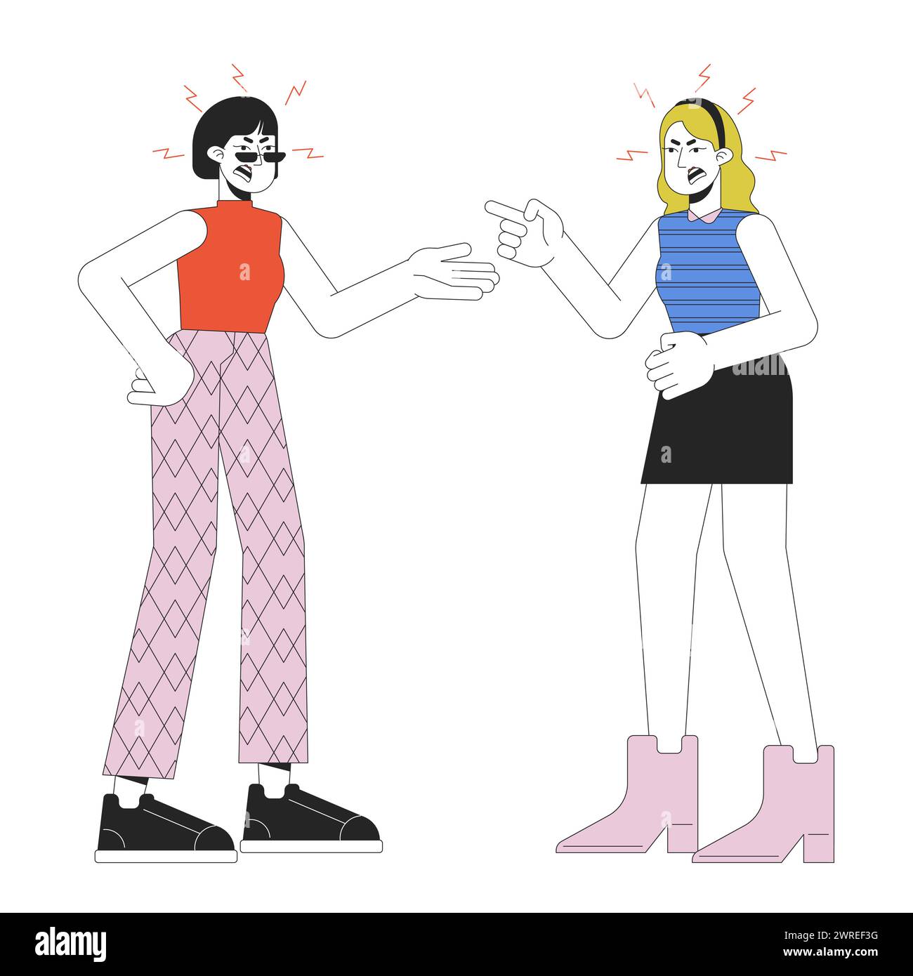 Due donne linea di confronto cartone animato illustrazione piatta Illustrazione Vettoriale