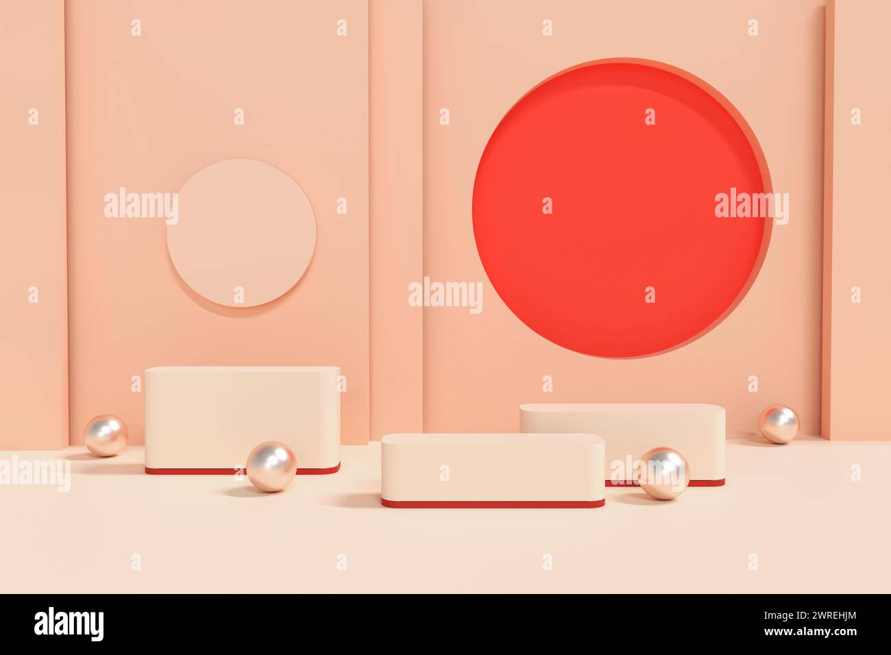 scenografia minimale con forme geometriche. espositore a podio cilindrico e palla argentata o mockup per prodotti con sfondo di colori pastello. spazio per il testo. Illu. 3D Foto Stock