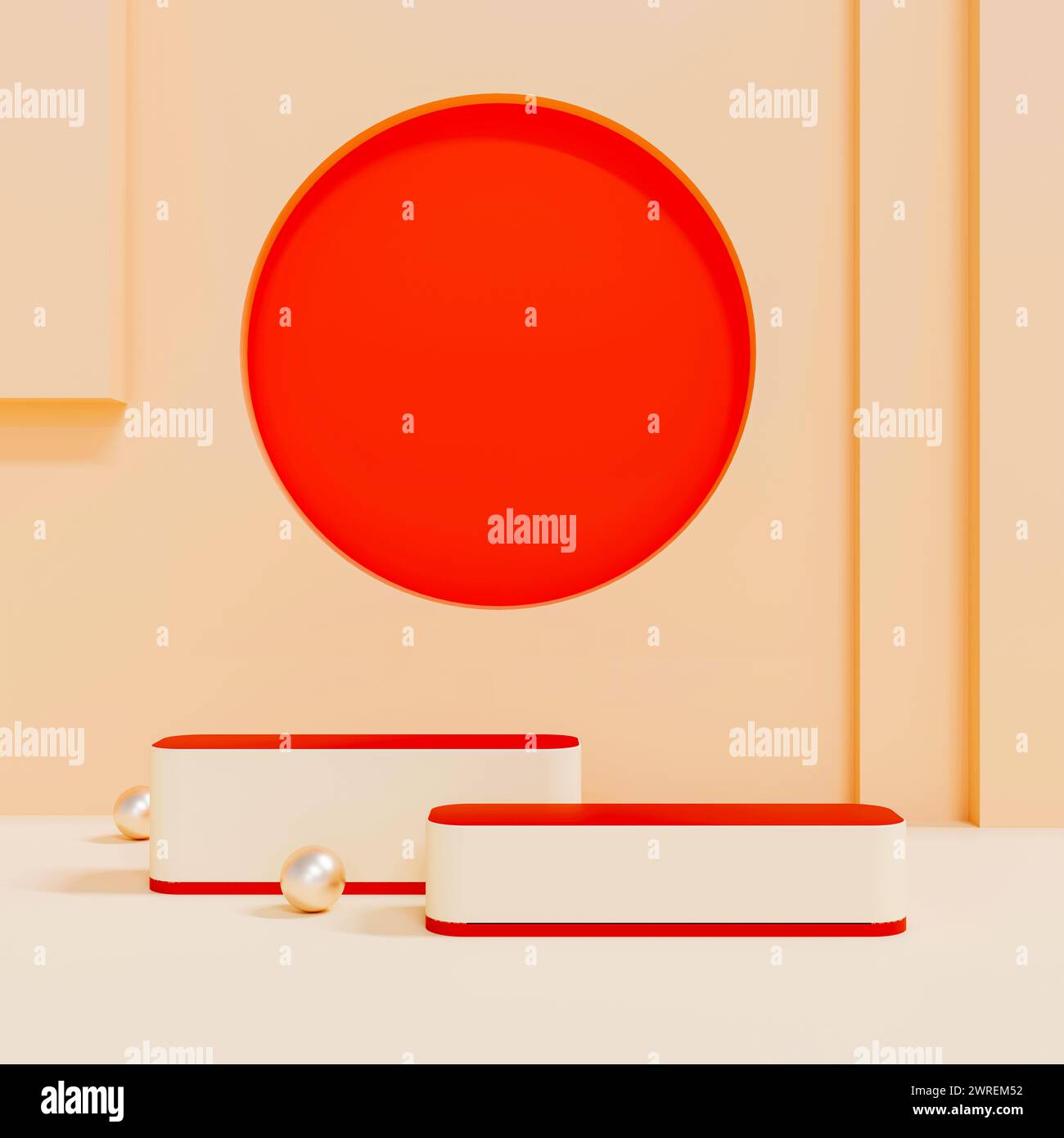 scenografia minimale con forme geometriche. espositore a podio cilindrico e palla argentata o mockup per prodotti con sfondo di colori pastello. spazio per il testo. Illu. 3D Foto Stock