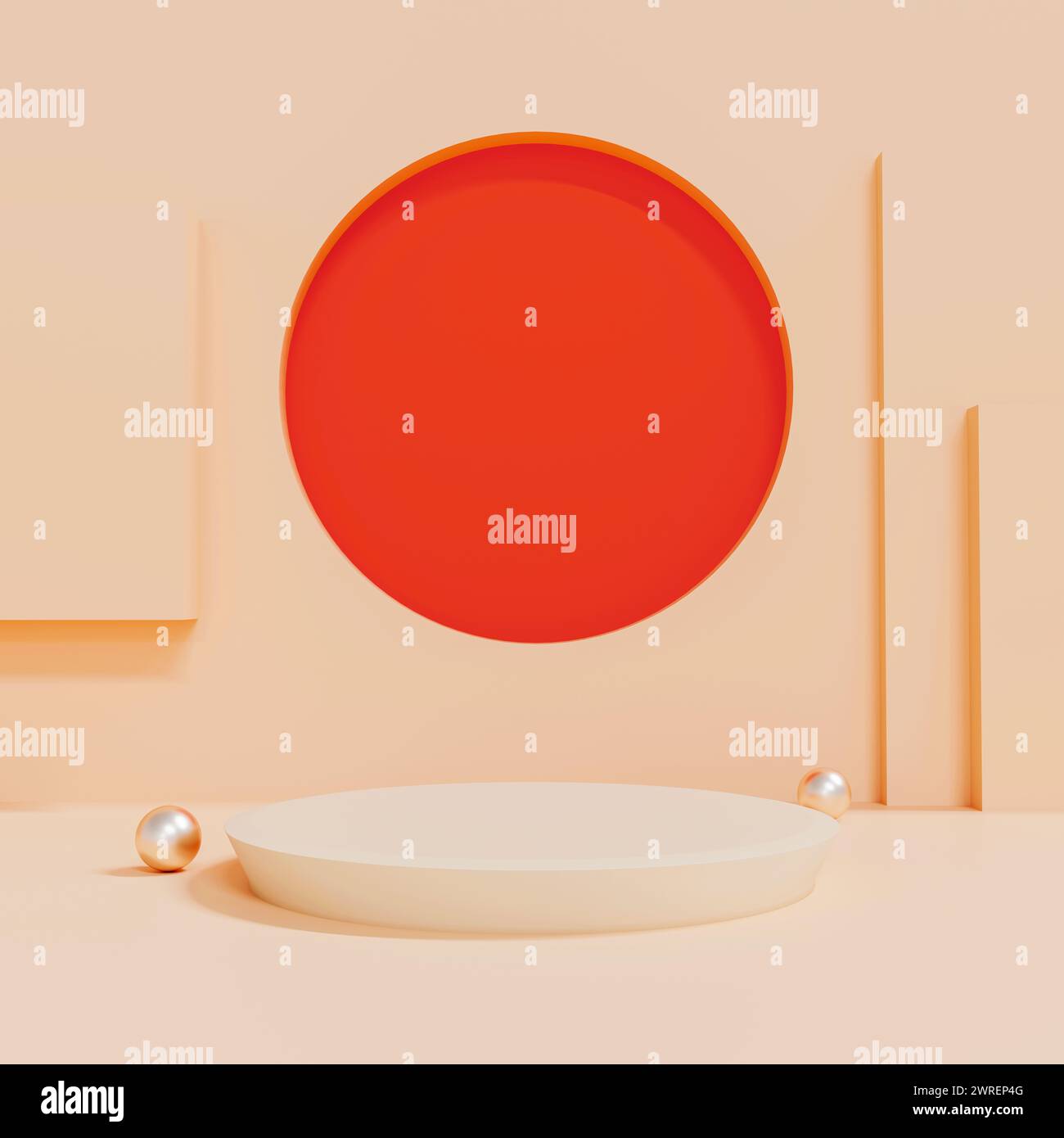 scenografia minimale con forme geometriche. espositore a podio cilindrico e palla argentata o mockup per prodotti con sfondo di colori pastello. spazio per il testo. Illu. 3D Foto Stock