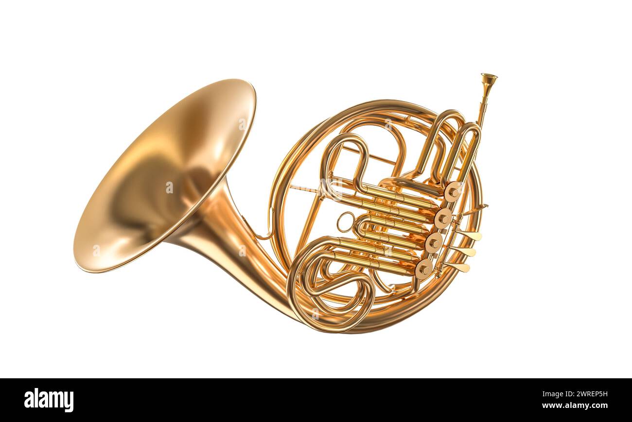Immagine isolata di un corno francese in ottone lucido con dettagli intricati. rendering 3d. Foto Stock