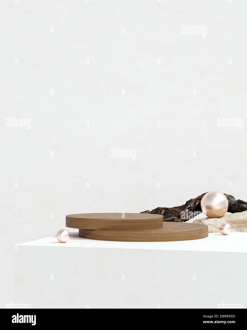 scenografia minimale con forme geometriche. espositore a podio cilindrico e palla argentata o mockup per prodotti con sfondo di colori pastello. spazio per il testo. Illu. 3D Foto Stock