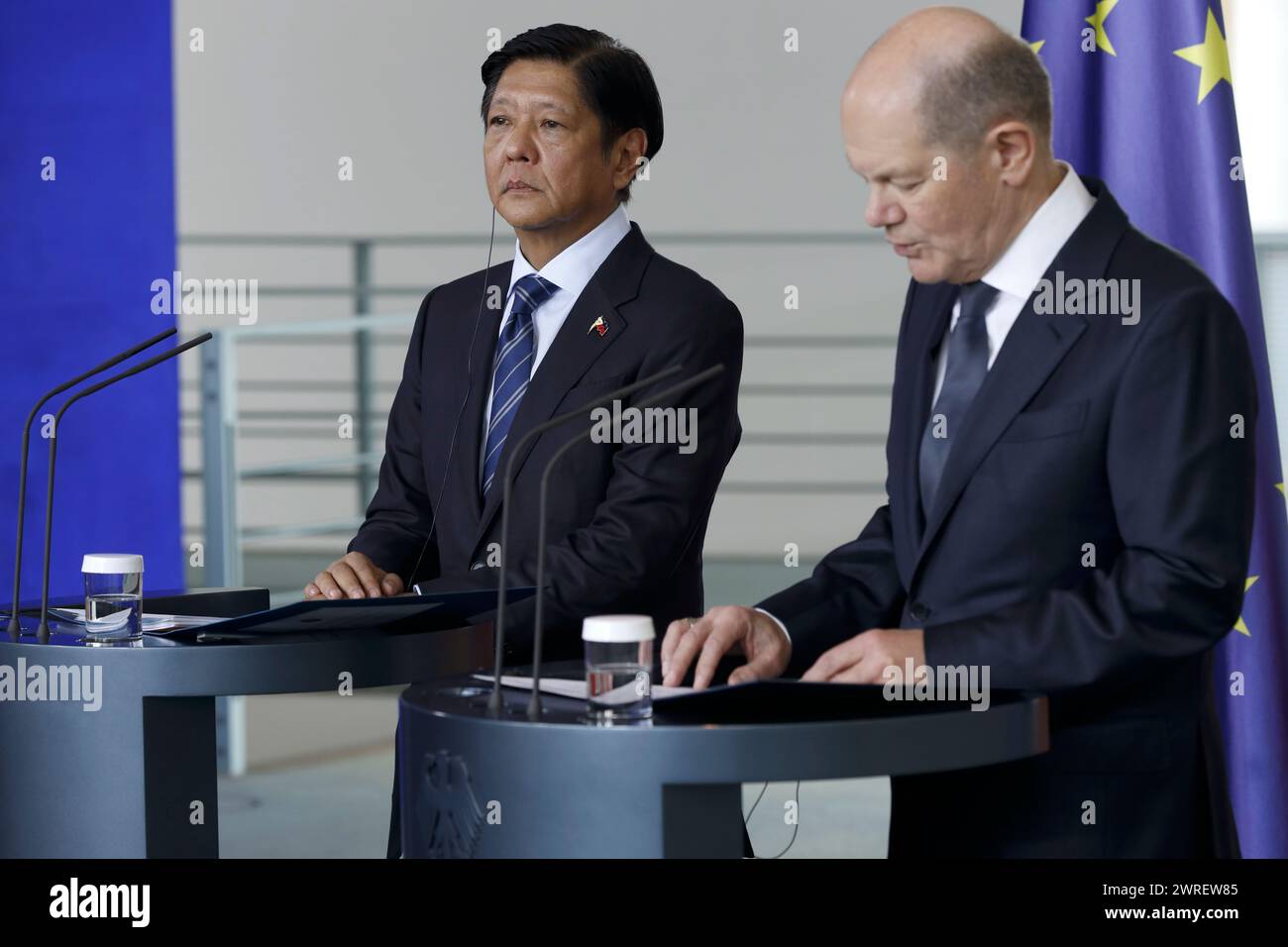 Berlino, Germania, 12 marzo 2024. Il Cancelliere tedesco, Olaf Scholz, riceve il presidente delle Filippine, Ferdinand Marcos Jr., con onori militari nella Cancelleria di Berlino. In seguito entrambi tengono una conferenza stampa. Crediti: Juergen Nowak/Alamy Live News Foto Stock