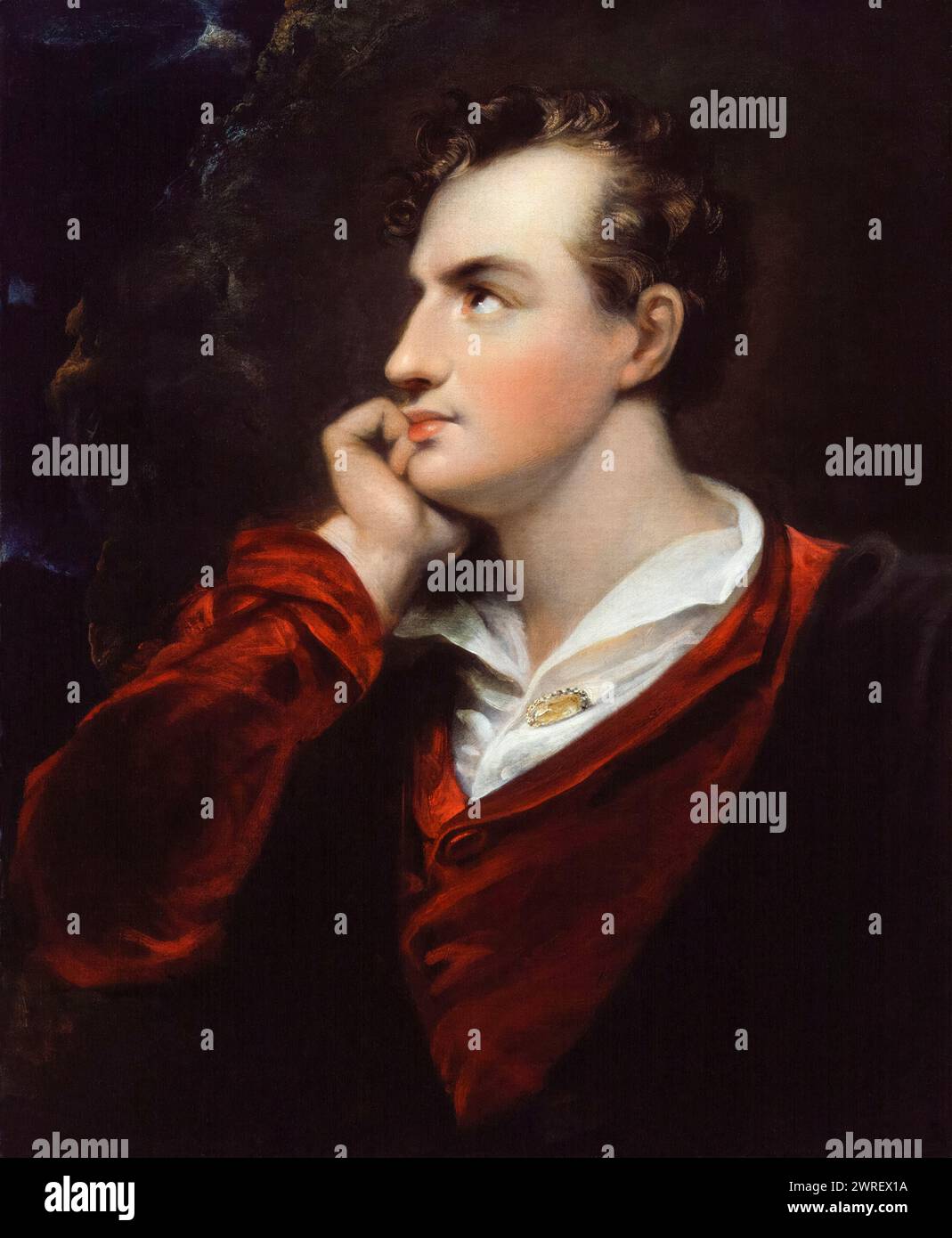 Lord Byron. George Gordon Byron, vi barone Byron (1788-1824), poeta romantico inglese, ritratto a olio su tela dopo Richard Westall, circa 1813 Foto Stock