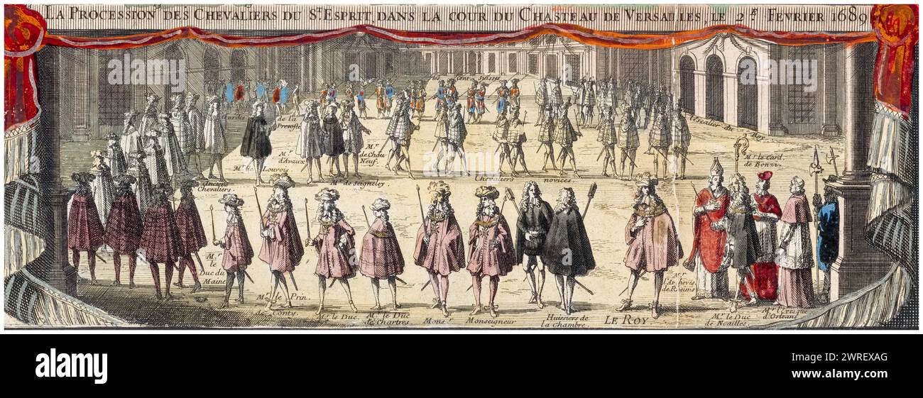La Processione dei Cavalieri dello Spirito Santo nel cortile dello Chateau de Versailles, 2 febbraio 1689, incisione di Nicolas Langlois, 1690 Foto Stock