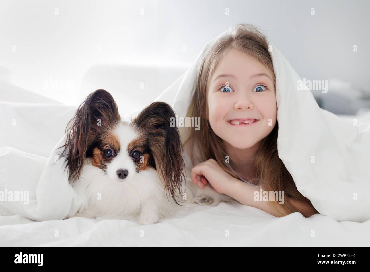 ritratto di una bambina divertente senza denti che si diverte con il suo carino cane Foto Stock