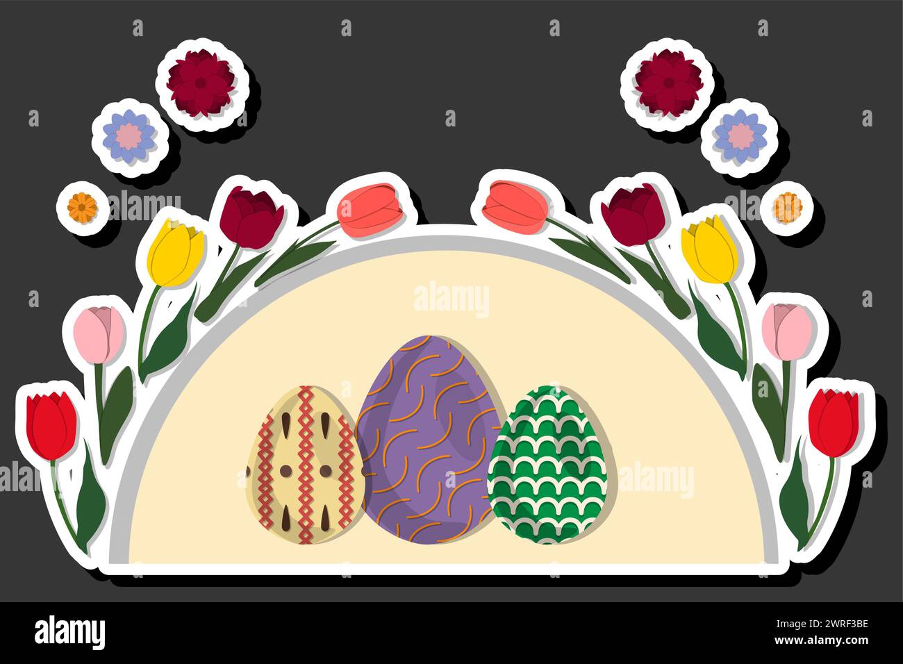 Illustrazione delle festività a tema di Pasqua con la caccia alle uova colorate, striscione composto da diverse uova di Pasqua, caccia alla splendida Easte Illustrazione Vettoriale