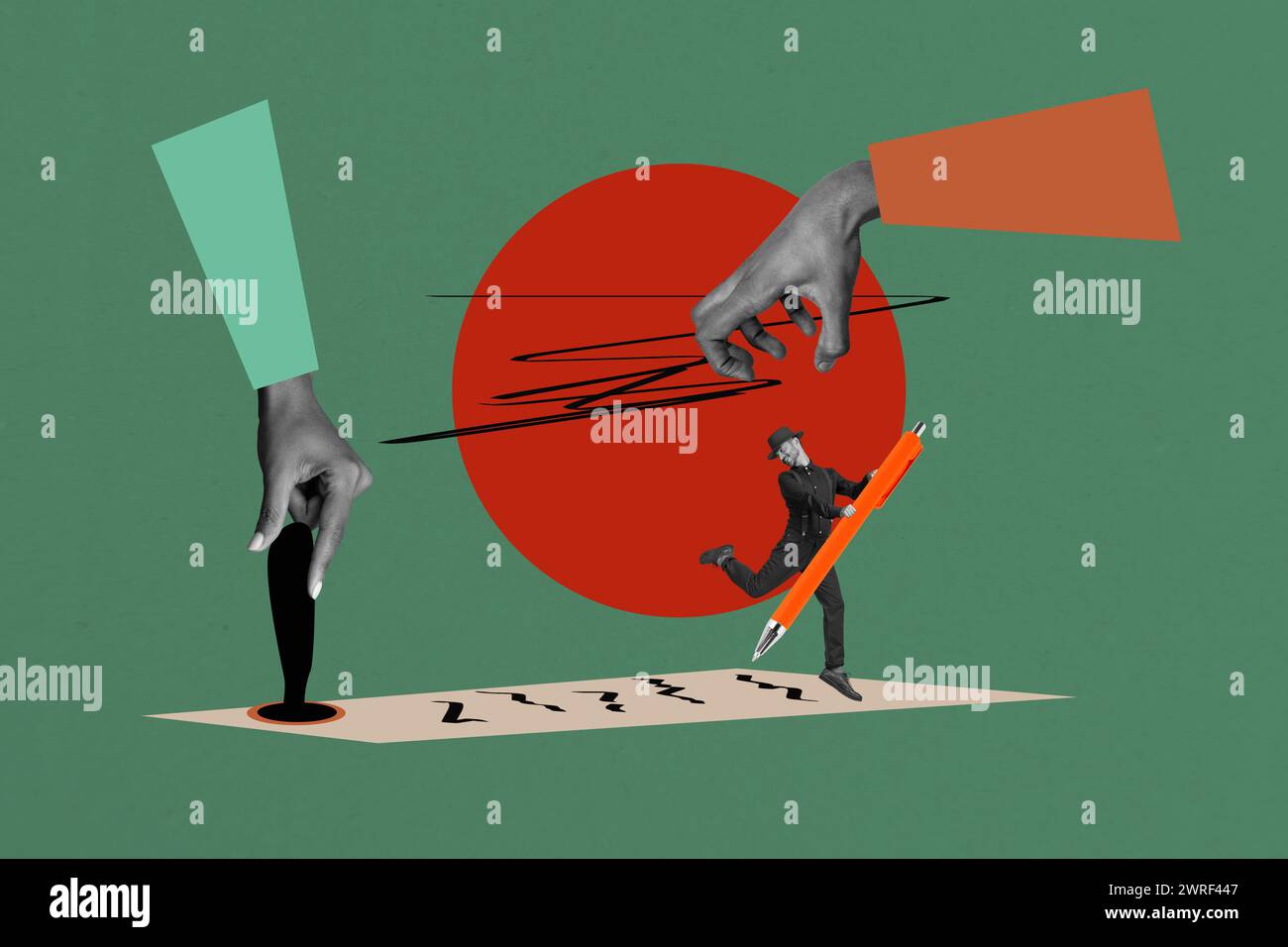 Grafica di collage fotografico immagine minimale di animato mini ragazzo che firma documenti sfondo di colore verde isolato Foto Stock