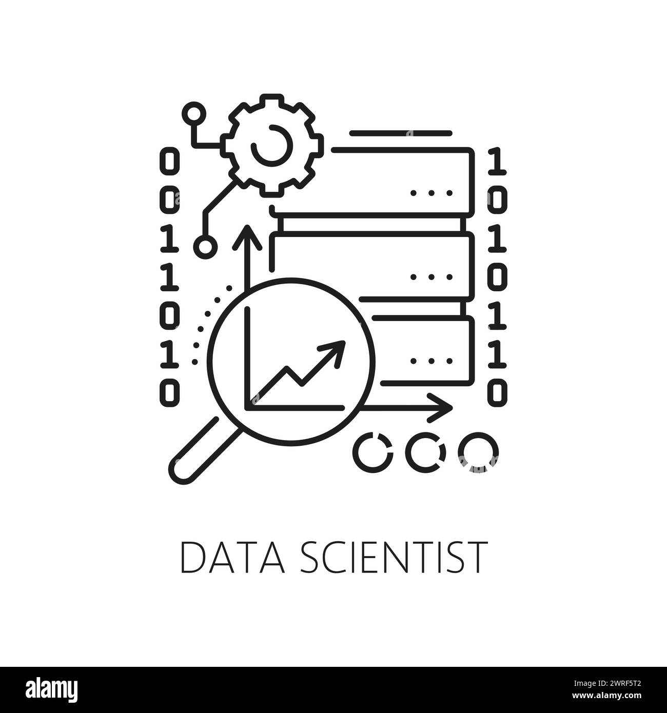 Data scientist, icona di specialisti IT per statistiche web, analisi e informatica dei siti web, vettori di linea. Pittogramma lineare data scientist per la programmazione digitale e le informazioni sui dati Internet del software delle app Illustrazione Vettoriale