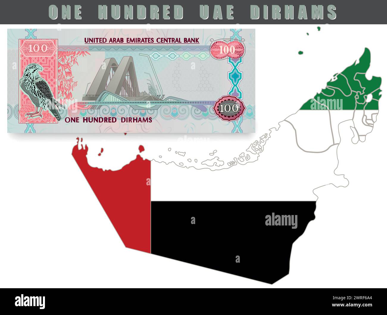 Vettore dirham realistico degli Emirati Arabi Uniti. Paper Money 100 AED, isolato dalla mappa degli Emirati Arabi Uniti. Illustrazione vettoriale. Illustrazione Vettoriale