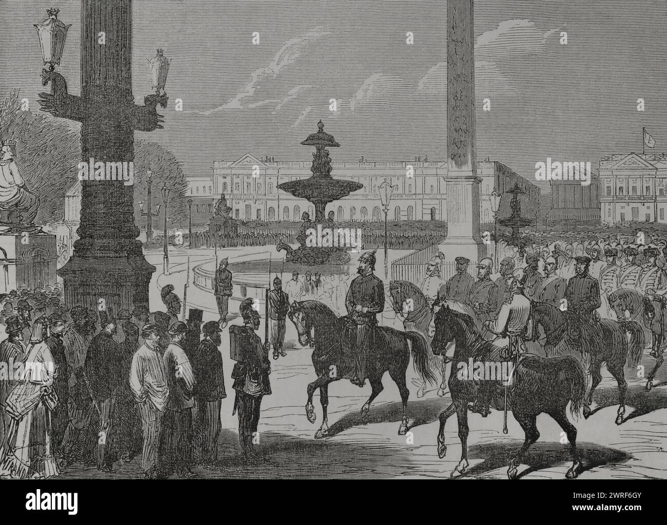 Guerra franco-prussiana (1870-1871). Assedio di Parigi (dal 19 settembre 1870 al 28 gennaio 1871). Parigi. I tedeschi in Place de la Concorde. Disegno di Miranda. Incisione. Historia de la Guerra de Francia y Prusia (storia della guerra tra Francia e Prussia). Volume II Pubblicato a Barcellona, 1871. Foto Stock
