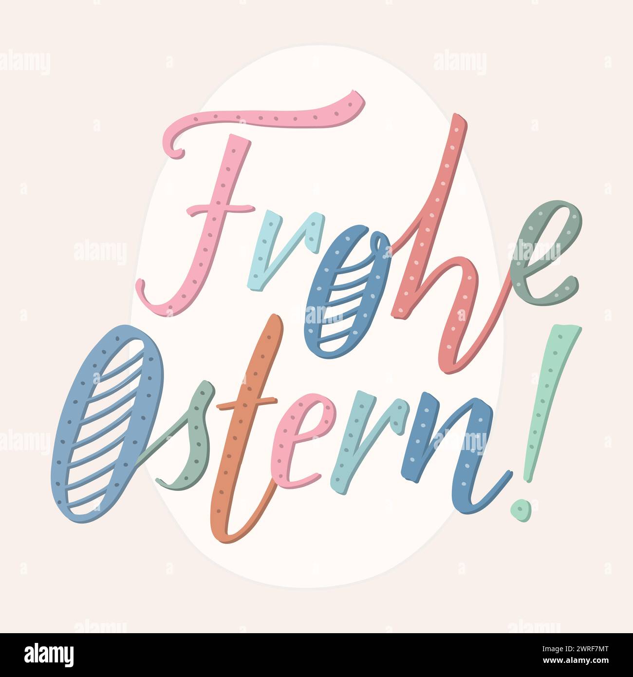 Scritta 'Frohe Ostern', che significa buona Pasqua in tedesco, moderna calligrafia con inchiostro a pennello. Le lettere sono decorate con linee e punti come le uova di Pasqua Illustrazione Vettoriale