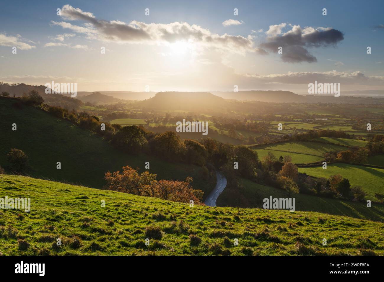 Vista di Cam Long Down e Cam Peak al tramonto in autunno, vista dal punto panoramico di Coaley Peak, Dursley, Cotswolds, Gloucestershire, Inghilterra, Regno Unito Foto Stock