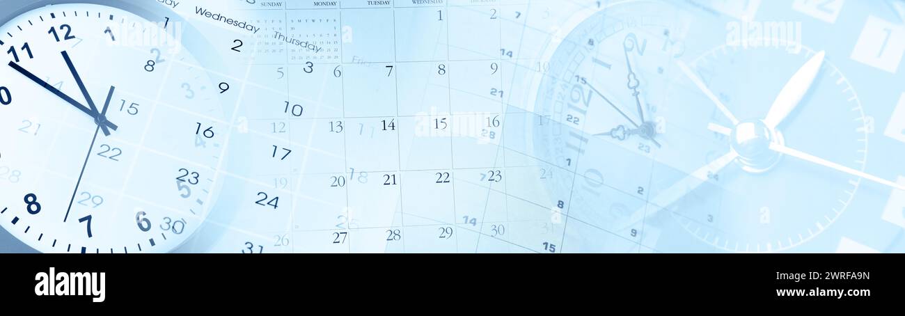 Gestione del tempo composita di orologi e calendari in tempo blu Foto Stock