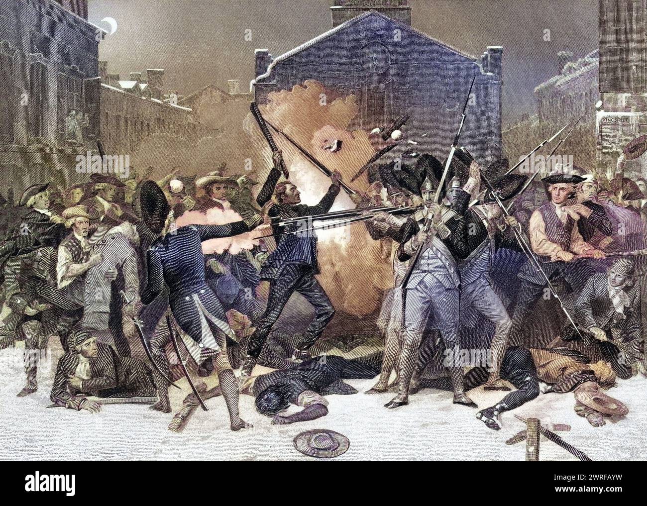 DAS Massaker von Boston mattina 5. Nel 1770 Nach Alonzo Chappel aus Leben und Zeiten von Washington Band 1, veröffentlicht 1857 / The Boston Massacre March 5 1770 After Alonzo Chappel from Life and Times of Washington volume 1 published 1857, Historisch, digital restaurierte Reproduktion von einer Vorlage aus dem 19 März. Jahrhundert, data di registrazione non indicata, Foto Stock