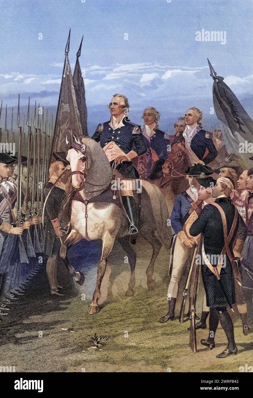 George Washington 1732 bis 1799, der 1775 das Kommando über die Armee übernahm, nach Alonzo Chappel aus Life and Times of Washington volume 1, nel 1857 / George Washington dal 1732 al 1799 prendendo il comando dell'esercito 1775 dopo che Alonzo Chappel di Life and Times of Washington volume 1 pubblicato nel 1857, Historisch, digital restaurierte Reproduktion von einer Vorlage aus dem 19 veröffentlicht. Jahrhundert, data di registrazione non indicata, Foto Stock