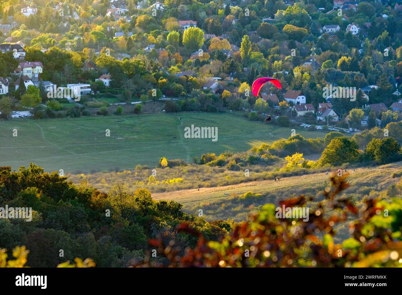 Parapendio sorvolando un paesaggio rurale con un'area residenziale al tramonto, catturando la tranquillità dell'avventura all'aria aperta Foto Stock
