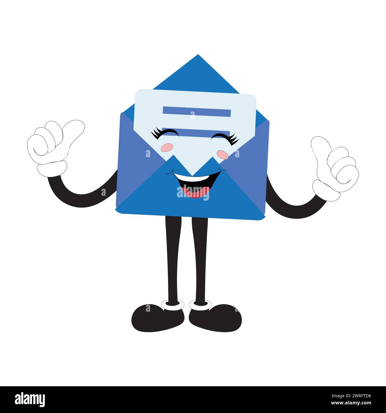 Personaggio della mascotte dei cartoni animati a busta, punti cupidi cartoni animati con un gesto di mano, adesivo con messaggi a fumetti retrò, vettore piatto dal design elegante e carino Illustrazione Vettoriale